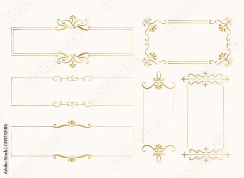 Set of golden rectangular frames. Elegant luxurious borders. Menu design. Vector illustration.