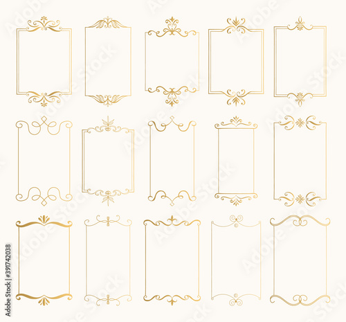 Set of gold rectangle hand drawn frames with calligraphic design elements. Vector isolated illustration.