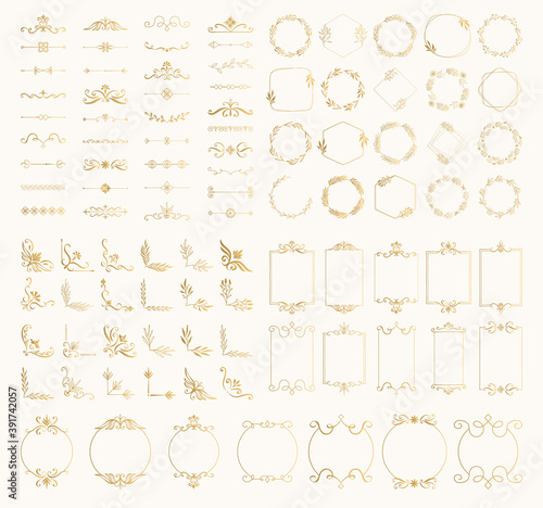 Set of golden decorative elements. Frames. borders, corners, dividers, wreaths. Vector isolated illustration.