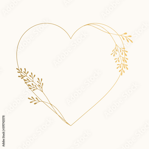 Elegant heart frame with golden herbs and leaves. Luxurious wedding design. Vector isolated illustration.