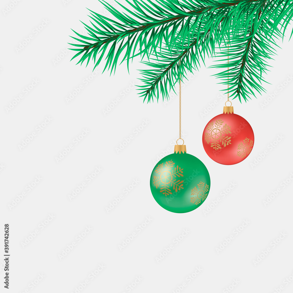 Christmas tree branch, balls and golden snowflakes. Vector illustration.