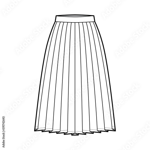 Skirt side knife pleat technical fashion illustration with below-the-knee silhouette, circular fullness, thick waistband. Flat bottom template front, white color style. Women, men, unisex CAD mockup