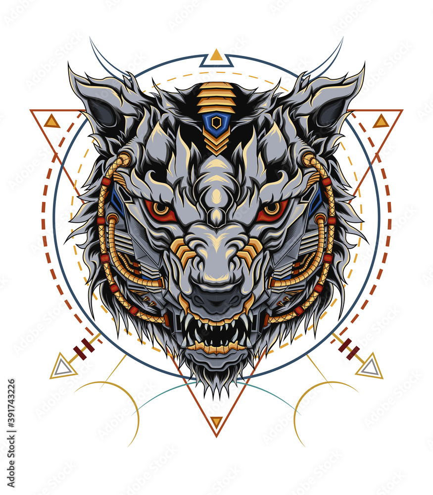 Fototapeta wolf robotic Illustration for t shirt, apparel, clothing design.