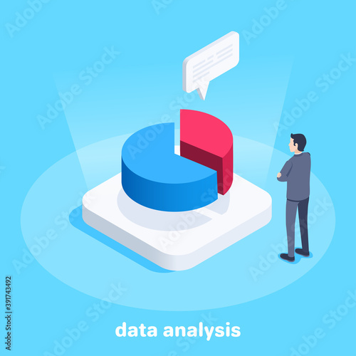 isometric vector image on a blue background, a man in a business suit stands near a pie chart, data analysis