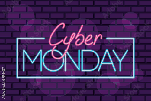 cyber monday neon square label in purple wall