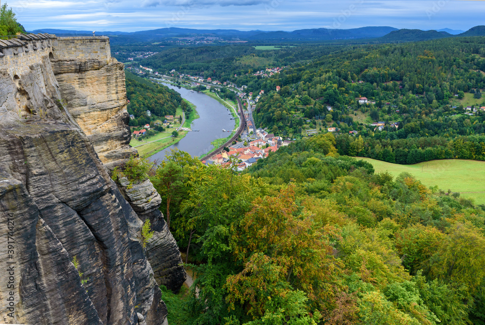 View from the fortress Königsstein to the Saxon Switzerland and the river Elbe. Extension of a 12th century castle to a fortress around 1589 and 1591/97 - Saxony Germany View from the fortress Königsstein to the Saxon Switzerland and the river Elbe. Extension of a 12th century castle to a fortress around 1589 and 1591/97 - Saxony Germany