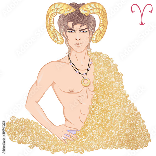 Zodiac. Vector illustration of the astrological sign of Aries as a beautiful man with a naked torso. Horoscope symbol, star sign isolated on white background. Print, posters