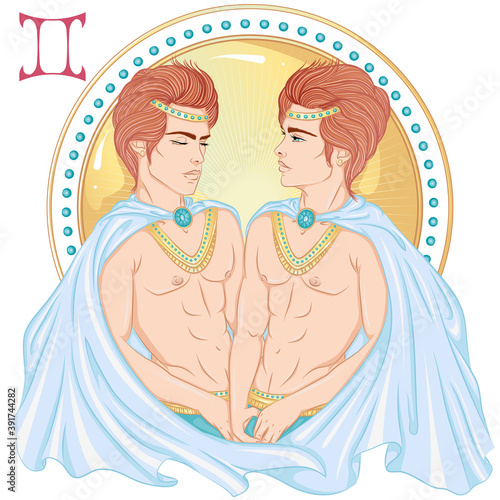 Zodiac. Vector illustration of the astrological sign of Gemini as a beautiful man with a naked torso. Horoscope symbol, star sign isolated on white background. Print, posters