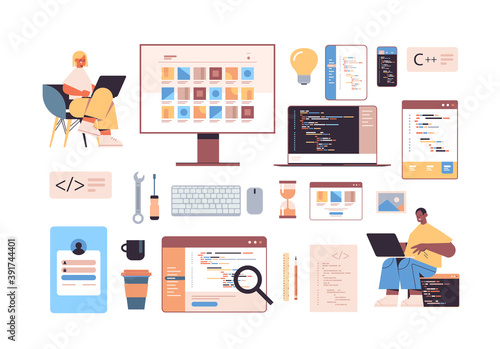 development of software and programming icons set with mix race web developers using laptops creating program code full length horizontal vector illustration
