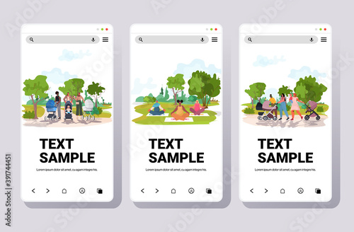 set mix race mothers walking with newborn babies women practicing yoga urban park landscape background smartphone screens collection full length copy space horizontal vector illustration
