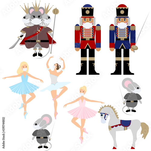 Nutcracker ballet during the corona pandemic, Ballerina, mouse, horse and Nutcracker in face medical mask. Christmas collection. A set of vector elements.