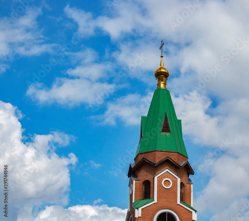 Bell tower of St. Andrew's Cathedral in Ust-Kamenogorsk (Kazakhstan). Religious architecture. 2020.