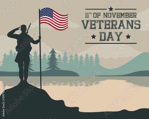 happy veterans day celebration card with soldier saludating usa flag in pole
