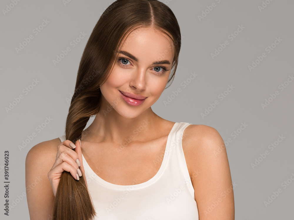 Beautiful healthy hair woman happy female smiling face healthy skin Beautiful healthy hair woman happy female smiling face healthy skin