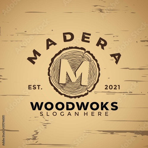 Letter M Wood working Vintage logo design element vector illustration