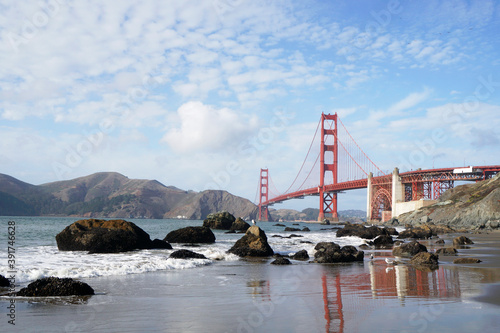 Golden Gate Bridge is Red Bridge seen from Baker Beach in San Francisco, California, United states , USA - Holiday Travel famous building Landmark - Nature Park and outdoor sightseeing