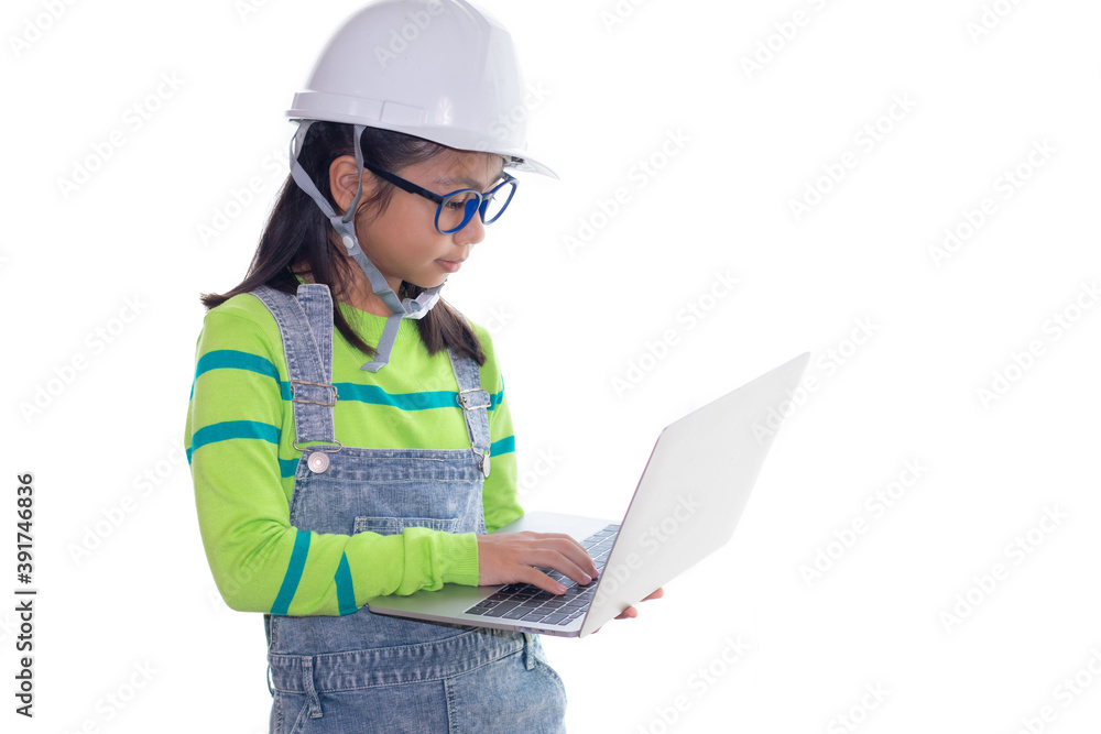 Adorable Asian girl acting in studio with construction helmet, girl with green color sweater dream to be architecture or engineer by using technology laptop, happy girl action on white background Adorable Asian girl acting in studio with construction helmet, girl with green color sweater dream to be architecture or engineer by using technology laptop, happy girl action on white background