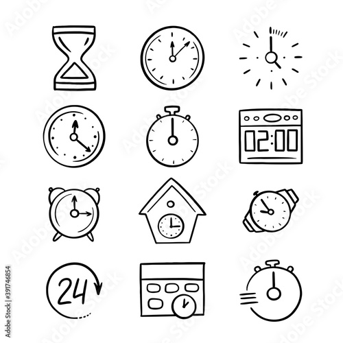 Funny hand drawn doodle time icons set. Flat vector illustration for backgrounds and patterns