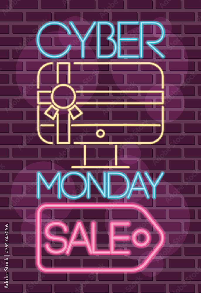 cyber monday neon label with desktop and tag