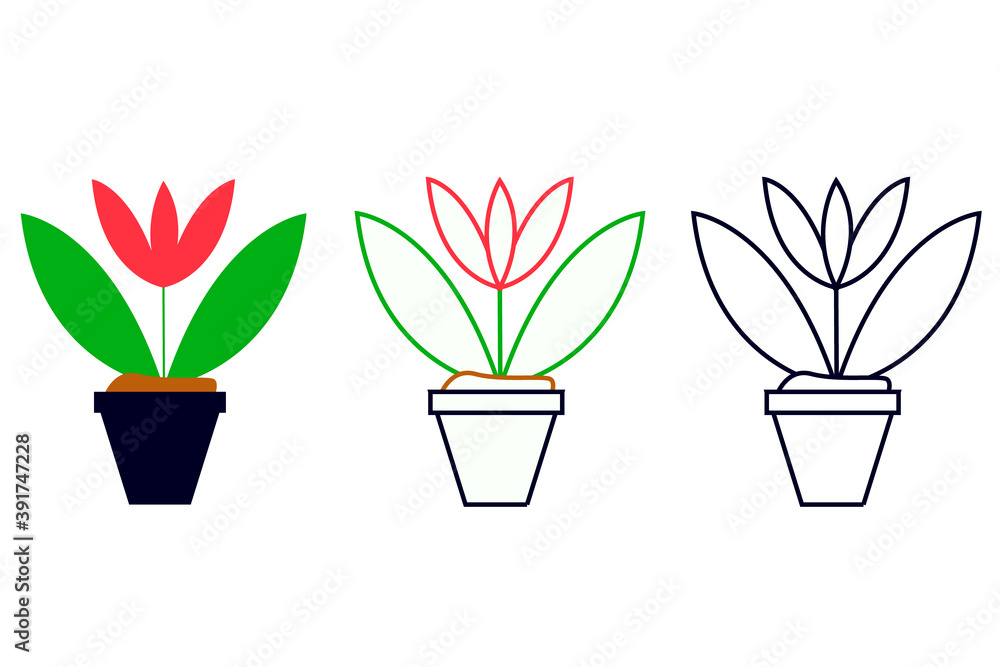 Plant in flower pot icon. Black Line, colourful libe  and colorful version. Different style icons set. Pixel perfect vector