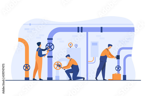 Handymen working in team and fixing leakage in boiler room flat vector illustration. Cartoon plumbers repairing pipes with tools. Flight crew and aircraft concept