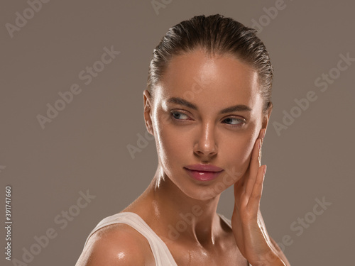 Beautiful woman face with healthy clean slon spa concept cosmetic skin care
