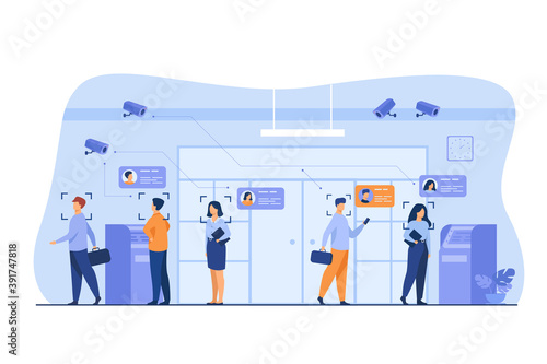 People standing queue in bank to withdrawing cash money flat vector illustration. AI face recognition with camera for access. Digital safety, analysis and control concept