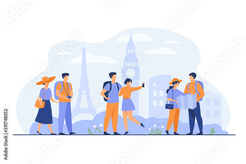 Happy couples traveling in Europe and taking photo isolated flat vector illustration. Cartoon group of people with backpack, camera and map. Vacation and tourism concept