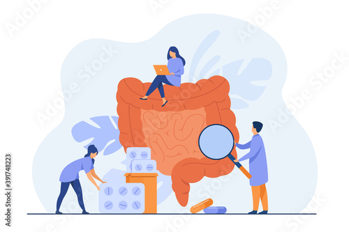 Tiny doctors checking and treating large intestine isolated flat vector illustration. Cartoon physicians studying colon inflammation. Medicine and digestive system health concept