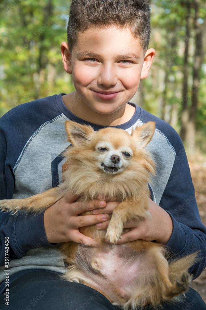 In summer, in the forest, a boy holds a small red dog in his arms. In summer, in the forest, a boy holds a small red dog in his arms.