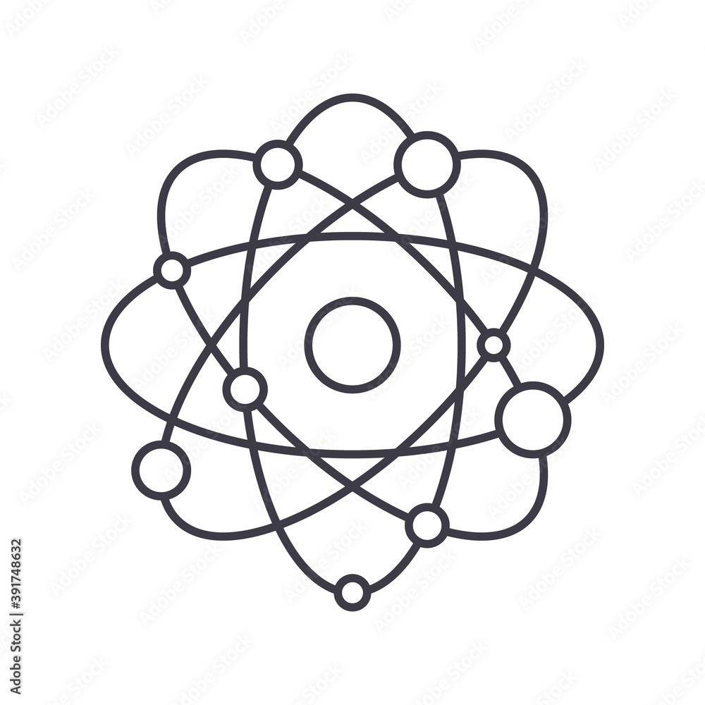 Atom icon, linear isolated illustration, thin line vector, web design sign, outline concept symbol with editable stroke on white background. Atom icon, linear isolated illustration, thin line vector, web design sign, outline concept symbol with editable stroke on white background.