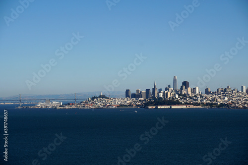 Cityscape of San Francisco downtown and blue pacific ocean on sunny day , California, United states , USA - seen from fort baker , travel and sightseeing concept 