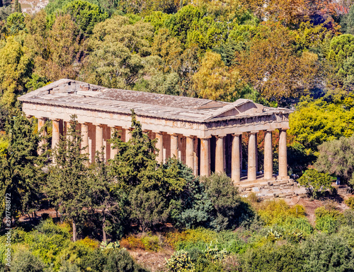 Athens Greece, Theseion ancient temple dedicated to Hephaestus god of metalwork, aerial view photo