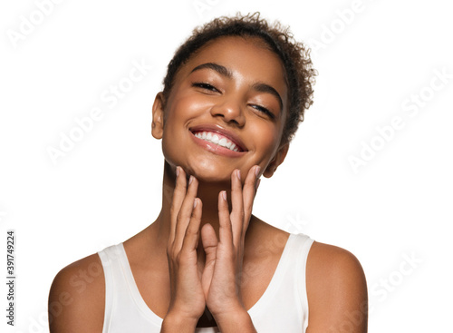 Beautiful african american woman beauty face cosmetic happy smile portrait