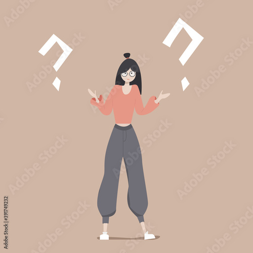 Confused young girl shrugging shoulders and looking at camera isolated over gray background. Vector illustration