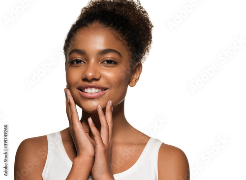 Beautiful african american young woman healthy skin beauty portrait isolated on white