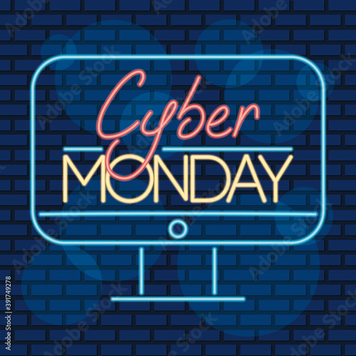 cyber monday neon label in desktop