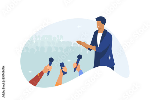 Male celebrity speaking on stage. Hands of journalists with microphones flat vector illustration. Show, performance, conference concept for banner, website design or landing web page