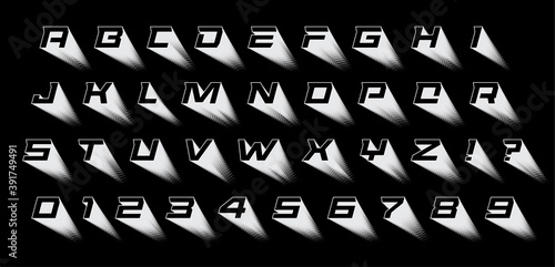 Black letters with white blending shadow. 3D font, geometric type for modern futuristic logo, headline and title, stunning monogram, creative lettering. Blend alphabet. Vector typographic design