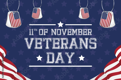 happy veterans day celebration card with medals hanging and usa flags