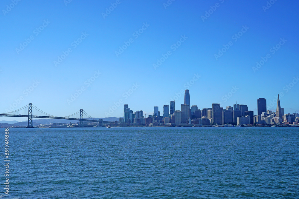 San Francisco Downtown with Finance Business Building Tower view from Treasure Island at San Francisco, California, USA - Sunny sky day