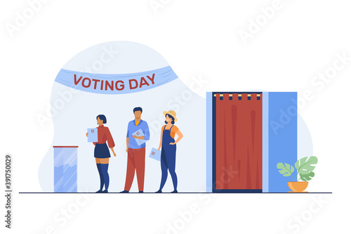 Queue of people with paper at ballot boxes. Voting day, electorate, poll flat vector illustration. Election campaign, politics, choice concept for banner, website design or landing web page