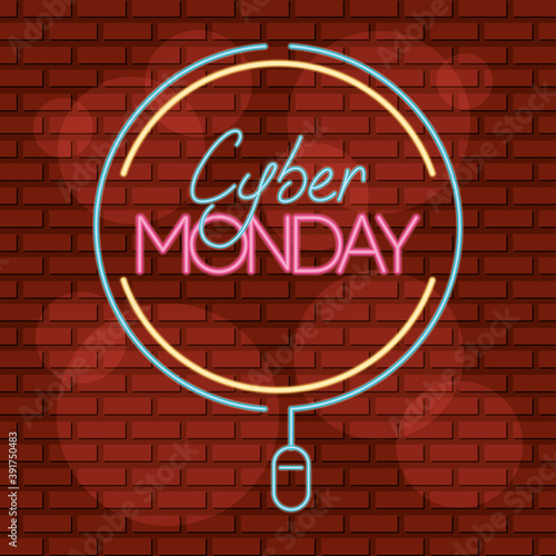 cyber monday neon circular label with mouse