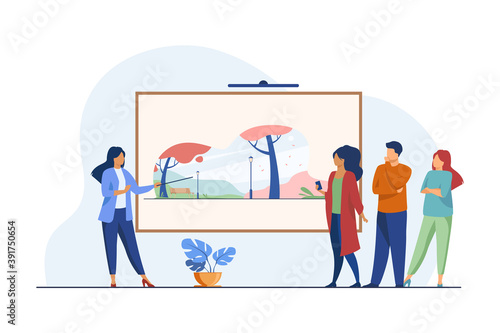 Gallery visitors looking at artwork. Museum guide telling about picture flat vector illustration. Art gallery, culture, exhibition concept for banner, website design or landing web page