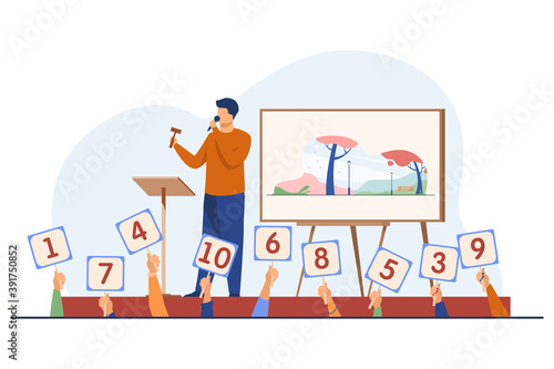 Auctioneer with hammer selling artwork on stage. Buyers holding signs with offers flat vector illustration. Auction, trade, bidding concept for banner, website design or landing web page