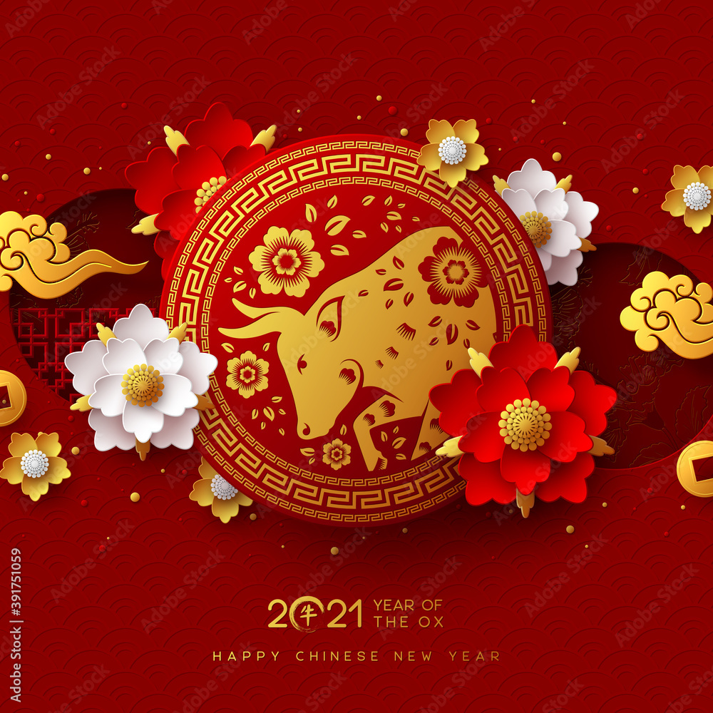 Chinese new year 2021, year of the ox. Red bull character in circle frame, flower, chinese clouds and hieroglyphs, zodiac sign. Translation Happy New Year. Vector illustration. - obrazy, fototapety, plakaty 