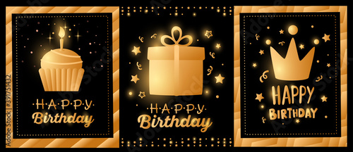 Vector set of illustration of golden happy birthday template card with crown, present, cupcake and text