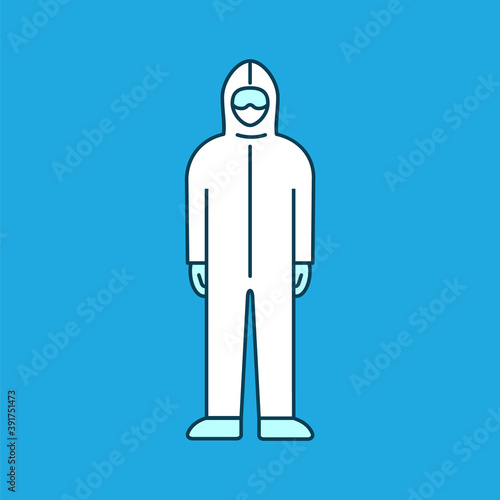 Medical personal safety equipment. Protective suit color icon. Hazmat PPE suit.  Corona virus precaution. Disposable workwear with outline. Blue background. Vector illustration, flat style, clip art.
