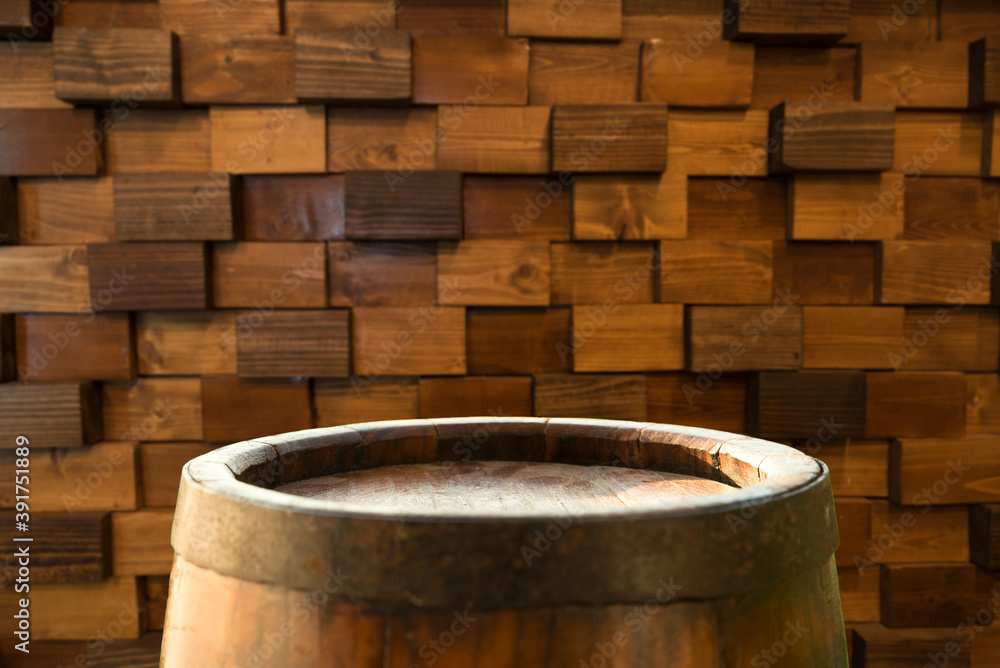 background of barrel and worn old table of wood background of barrel and worn old table of wood