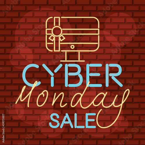 cyber monday neon label with desktop in red wall